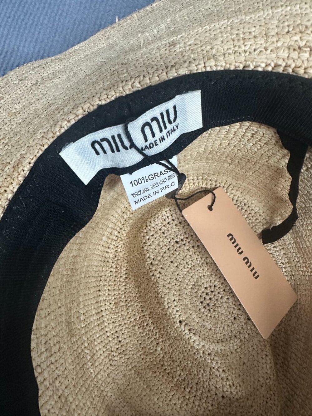 Miu Miu Woven Straw Cowboy Hat Embroidered Logo Red Strap - Picture 6 of 6